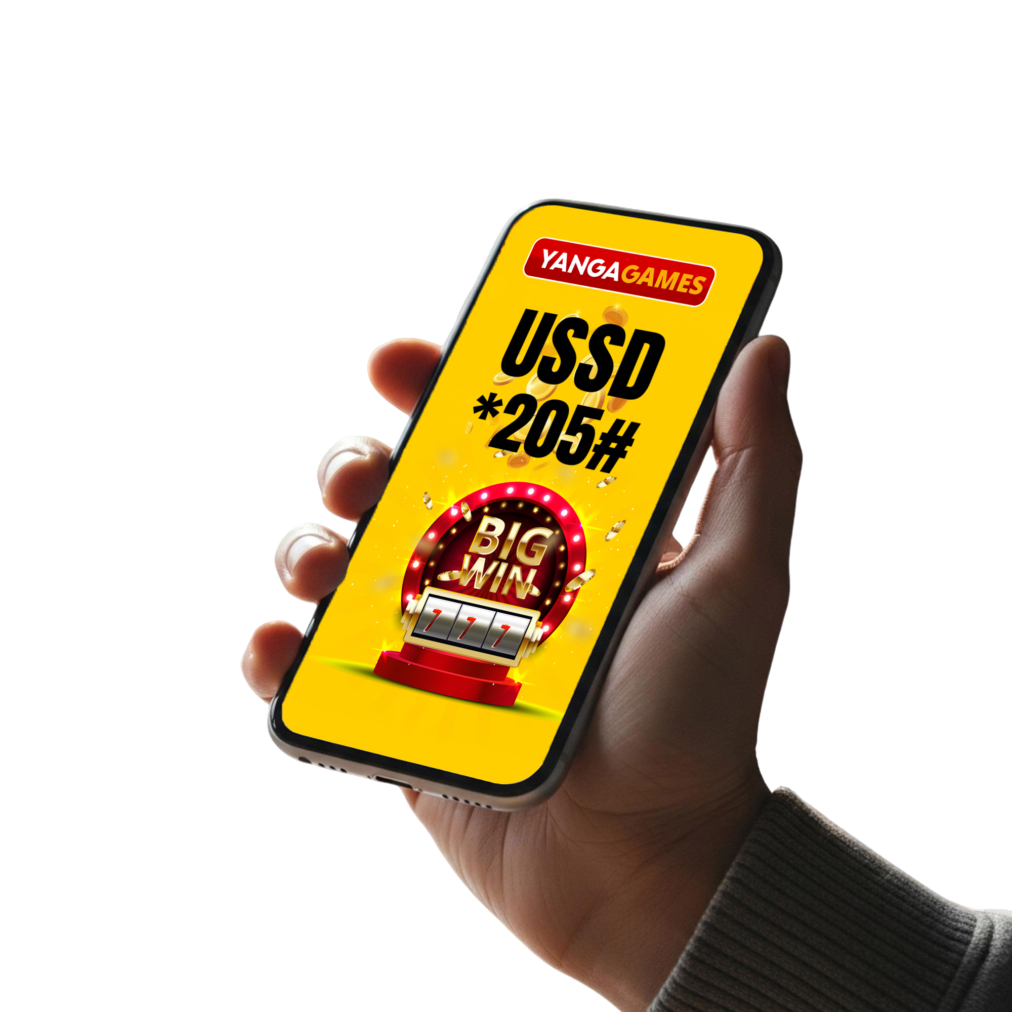 A hand holding a phone showing the YangaGames USSD code *205#